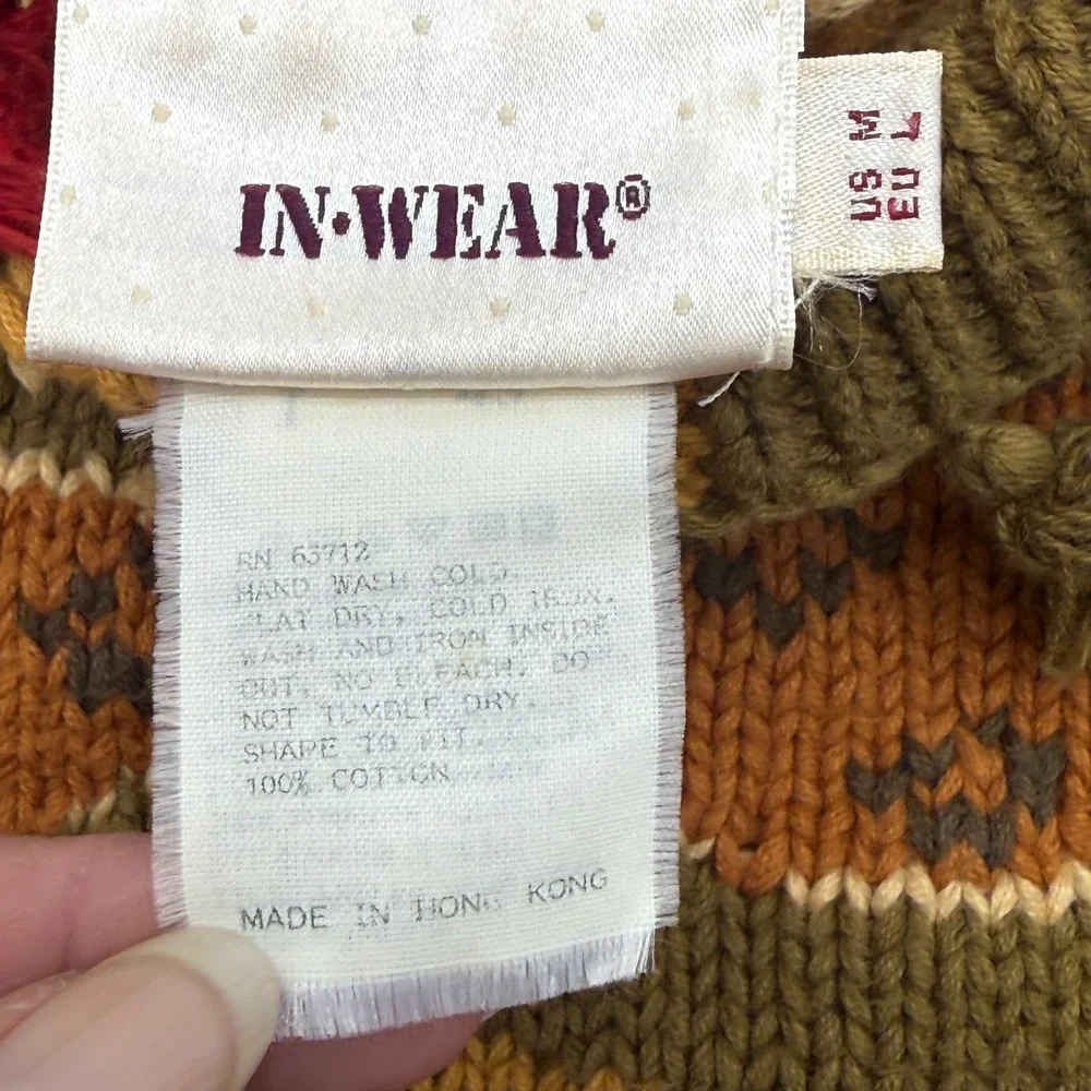 Vintage In-Wear Womens Fair Isle Chunky Knit Cotton Sweater Olive Mustard Medium